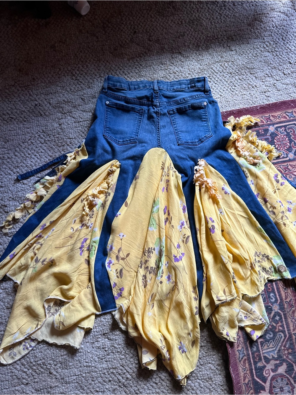 7 For All Mankind Yellow Floral Asymmetrical Skirt with Denim High Waist - Picture 2 of 8